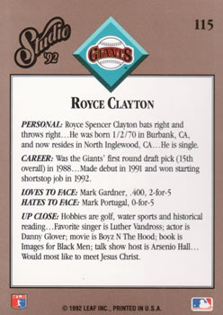 1992 Studio #115 Royce Clayton Back