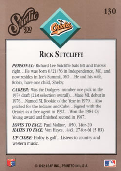 1992 Studio #130 Rick Sutcliffe Back