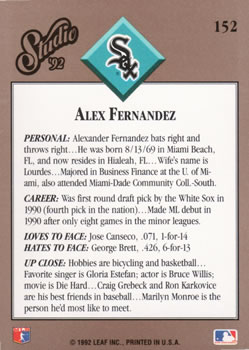 1992 Studio #152 Alex Fernandez Back