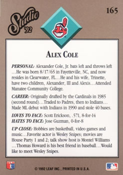 1992 Studio #165 Alex Cole Back