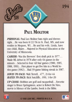1992 Studio #194 Paul Molitor Back