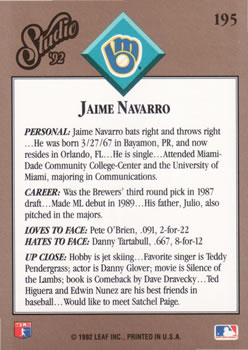 1992 Studio #195 Jaime Navarro Back