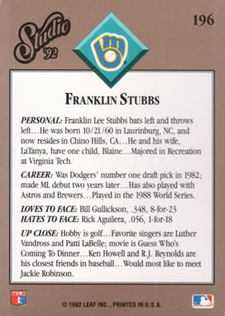 1992 Studio #196 Franklin Stubbs Back