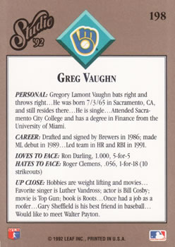 1992 Studio #198 Greg Vaughn Back