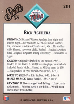 1992 Studio #201 Rick Aguilera Back