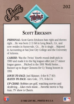 1992 Studio #202 Scott Erickson Back