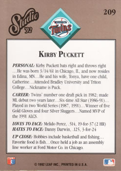 1992 Studio #209 Kirby Puckett Back
