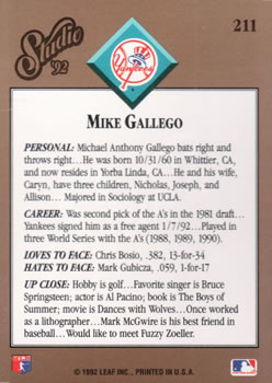 1992 Studio #211 Mike Gallego Back