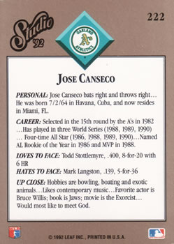 1992 Studio #222 Jose Canseco Back