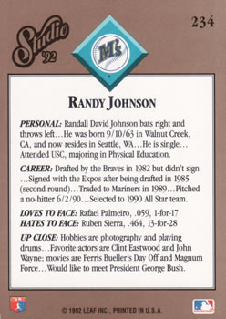 1992 Studio #234 Randy Johnson Back
