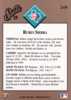 1992 Studio #249 Ruben Sierra Back