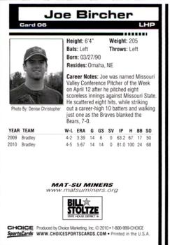 2010 Choice Mat-Su Miners #06 Joe Bircher Back