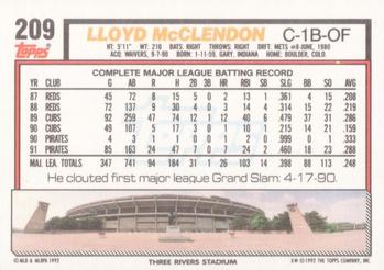 1992 Topps #209 Lloyd McClendon Back
