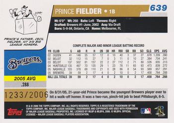 2006 Topps - Gold #639 Prince Fielder Back
