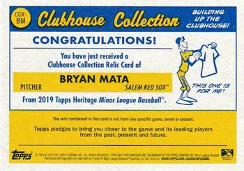 2019 Topps Heritage Minor League - Clubhouse Collection Relics #CCR-BM Bryan Mata Back
