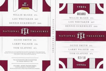 2019 Panini National Treasures - Decades Booklet #DEC-1 Dennis Eckersley / Larry Walker / Lou Whitaker / Ozzie Smith / Tom Glavine / Willie McGee Back