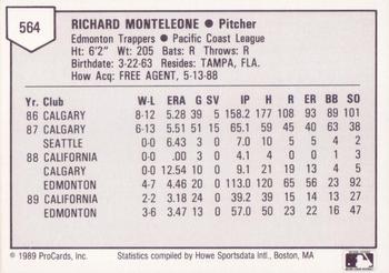1989 ProCards Triple A #564 Rich Monteleone Back