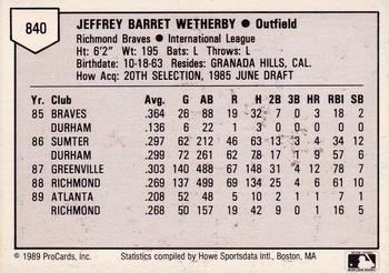 1989 ProCards Triple A #840 Jeff Wetherby Back