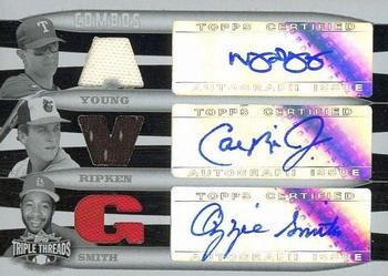 2006 Topps Triple Threads - White Whale Autograph Relic Printing Plate Combos #WW-602 Michael Young / Cal Ripken Jr. / Ozzie Smith Front