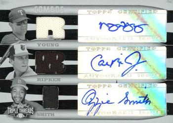 2006 Topps Triple Threads - White Whale Autograph Relic Printing Plate Combos #WW-603 Michael Young / Cal Ripken Jr. / Ozzie Smith Front