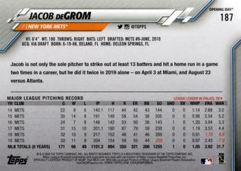 2020 Topps Opening Day #187 Jacob deGrom Back