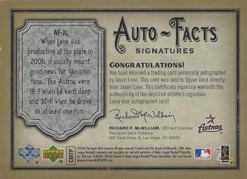 2006 Upper Deck Artifacts - Auto-Facts Signatures #AF-JL Jason Lane Back