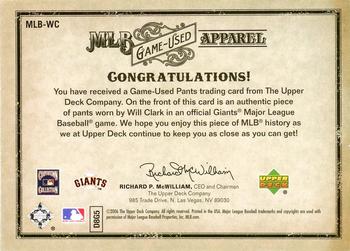 2006 Upper Deck Artifacts - MLB Game-Used Apparel #MLB-WC Will Clark Back
