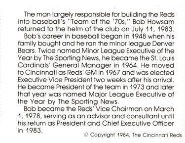 1984 Cincinnati Reds Yearbook Cards #NNO Bob Howsam Back