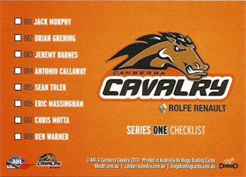 2013-14 Dingo Australian Baseball League #NNO Canberra Cavalry Series 1 Checklist Back