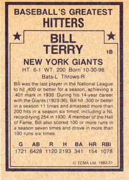 1982 TCMA Baseball's Greatest Hitters (Tan Back) #21 Bill Terry Back
