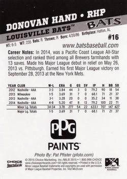 2015 Choice Louisville Bats #16 Donovan Hand Back