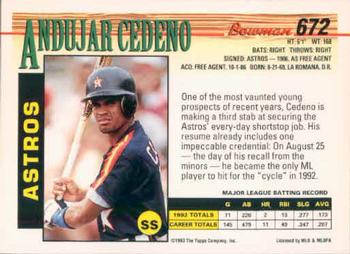 1993 Bowman #672 Andujar Cedeno Back