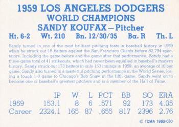 1980 TCMA 1959 Los Angeles Dodgers Blue #030 Sandy Koufax Back