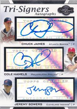 2007 Topps Co-Signers - Tri-Signers #TS-JHS Chuck James / Cole Hamels / Jeremy Sowers Front