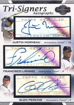 2007 Topps Co-Signers - Tri-Signers #TS-MLP Justin Morneau / Francisco Liriano / Glen Perkins Front