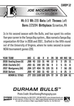 2019 Choice Durham Bulls #12 Joe McCarthy Back