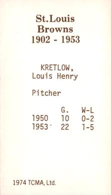 1974-75 TCMA St. Louis Browns #NNO Lou Kretlow Back