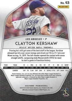 2020 Panini Prizm #43 Clayton Kershaw Back