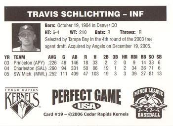 2006 Perfect Game Cedar Rapids Kernels #19 Travis Schlichting Back