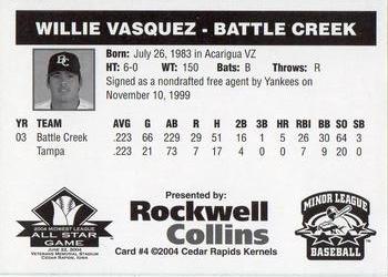 2004 Rockwell Collins Midwest League All-Stars #4 Willie Vasquez Back