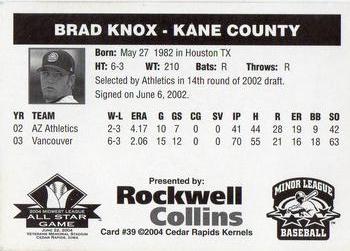 2004 Rockwell Collins Midwest League All-Stars #39 Brad Knox Back