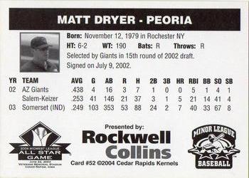 2004 Rockwell Collins Midwest League All-Stars #52 Matt Dryer Back