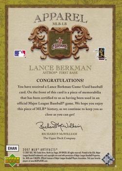 2007 Upper Deck Artifacts - MLB Apparel #MLB-LB Lance Berkman Back