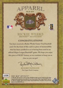 2007 Upper Deck Artifacts - MLB Apparel Limited #MLB-RW Rickie Weeks Back