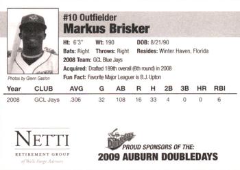 2009 Auburn Doubledays #NNO Markus Brisker Back