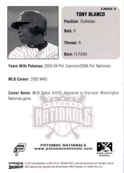 2010 Choice Potomac Nationals All-Time Team #3 Tony Blanco Back