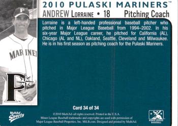 2010 MultiAd Pulaski Mariners #34 Andrew Lorraine Back