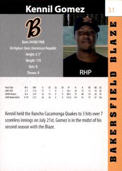 2010 Bakersfield Blaze #NNO Kennil Gomez Back