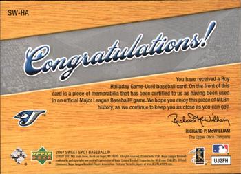 2007 Upper Deck Sweet Spot - Sweet Swatch Memorabilia #SW-HA Roy Halladay Back