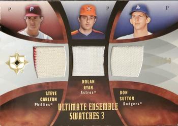 2007 Upper Deck Ultimate Collection - Ultimate Ensemble Triple Swatches #ES-CRS Steve Carlton / Nolan Ryan / Don Sutton Front